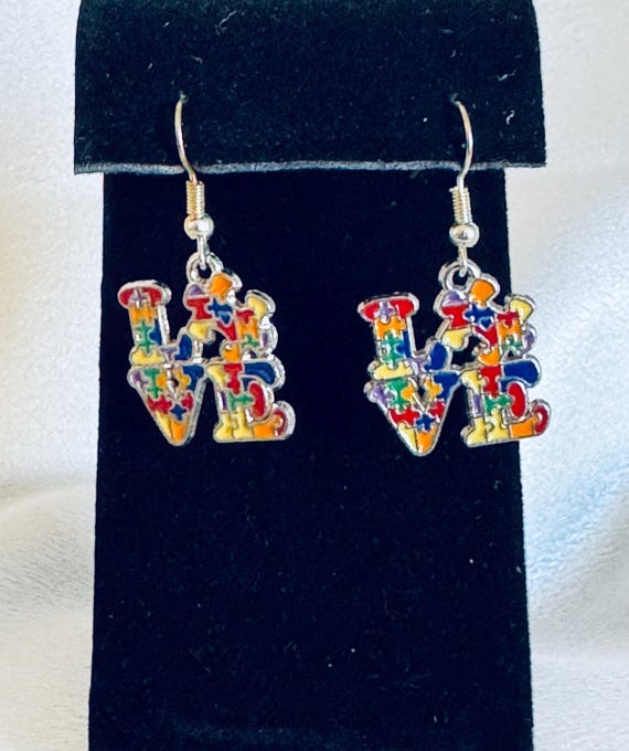 Multicolored  “Love” Autism Dangle Earrings.