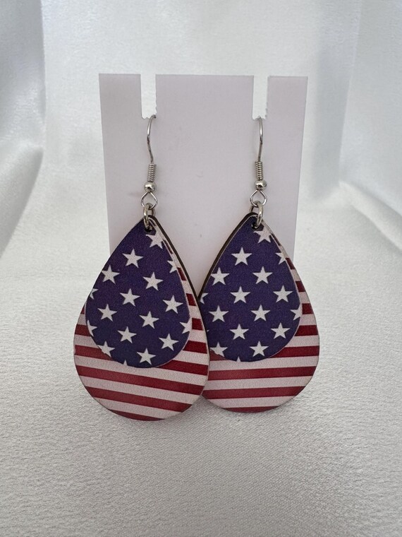 Wooden Oval Flag Dangle Earrings