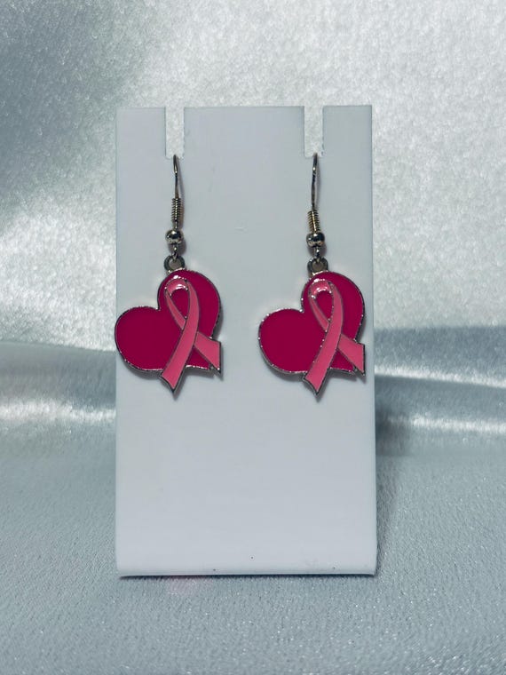 Heart and Ribbon  Breast Cancer Dangle Earrings.