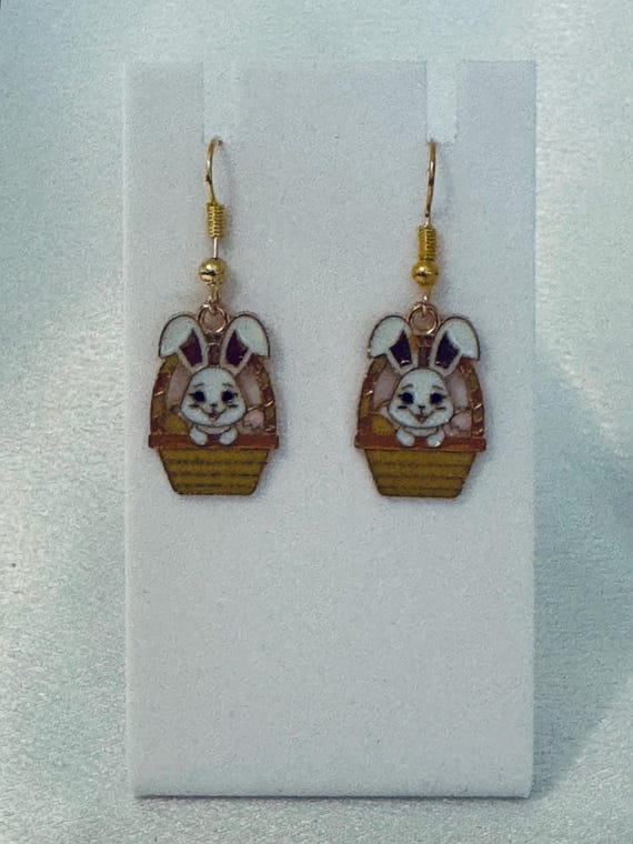 Easter Bunny In Basket Dangle Earrings.