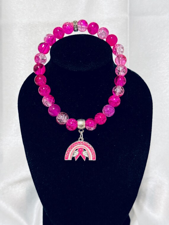Rainbow and Ribbon Breast Cancer Stretch Charm Bracelet