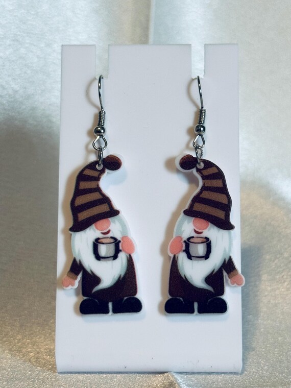 Acrylic Coffee Drinking Gnome Dangle Earrings