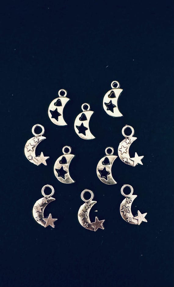 10 Piece Silver Moon and Star Charms