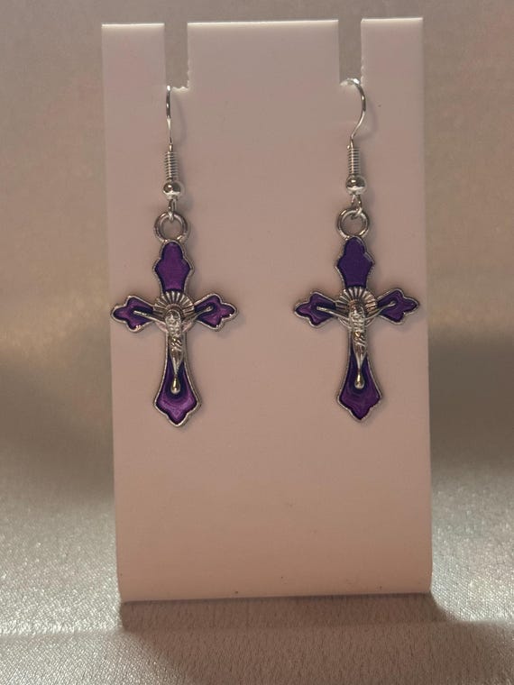 Purple Cross Dangle Earrings
