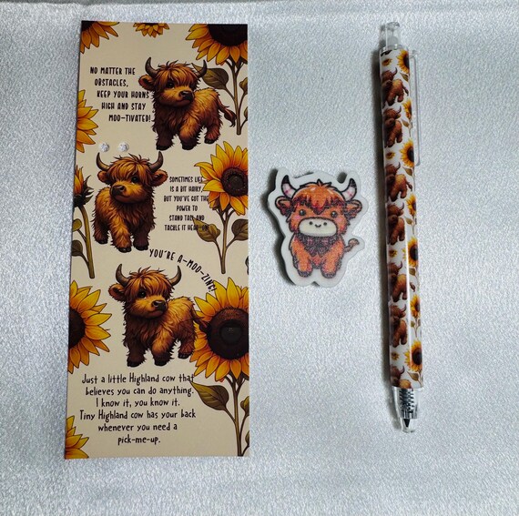 Highland Cow Mechanical Penci, Character Eraser and Positivity Bookmark