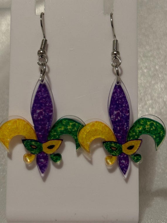 Mardi Gras Fleur De Lis Dangle Earrings.