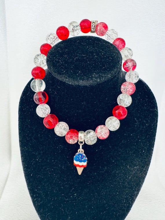 Red White and Blue Ice Cream Cone Charm Stretch Bracelet