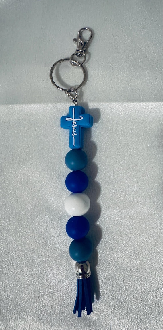 Blue Silicone Beaded Jesus Keychain