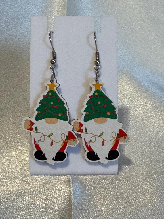 Wooden Gnome Christmas Dangle Earrings