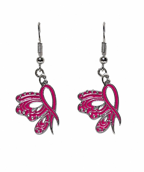 Breast Cancer Dangle Earrings With Butterfly and Ribbon