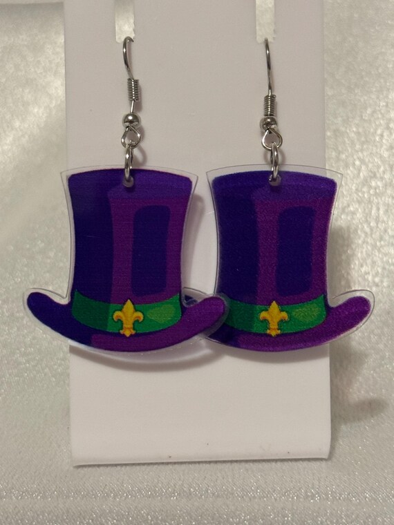 Mardi Gras Top Hat Dangle Earrings.