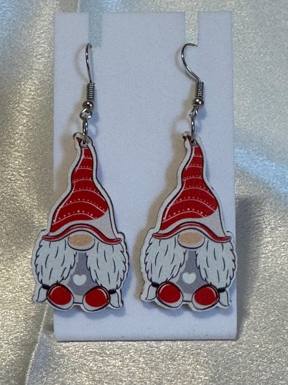 Wooden Gnome Christmas Dangle Earrings