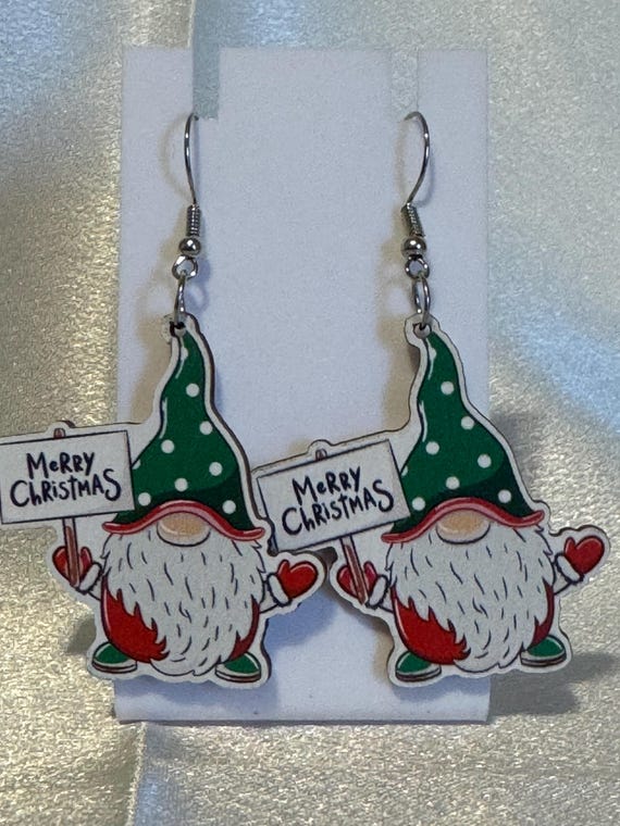 Wooden Gnome Christmas Dangle Earrings