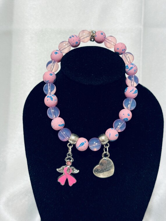 Grandma and Angel Ribbon Breast Cancer Stretch Charm Bracelet