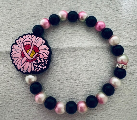 Breast Cancer Beaded Stretch Bracelet With Silicone Focal Bead