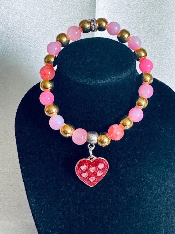 Red and Pink Heart  Valentine Charm Stretch Bracelet