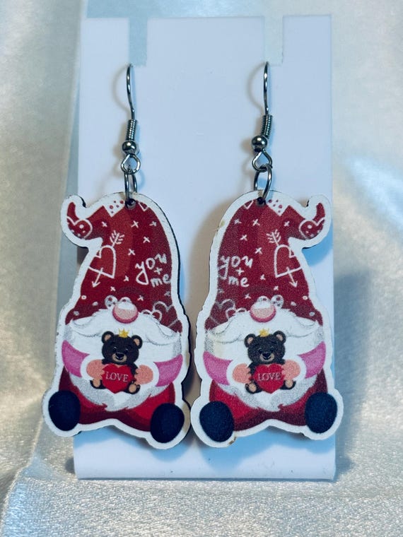 Gnome With Teddy Bear Wooden Dangle Earrings
