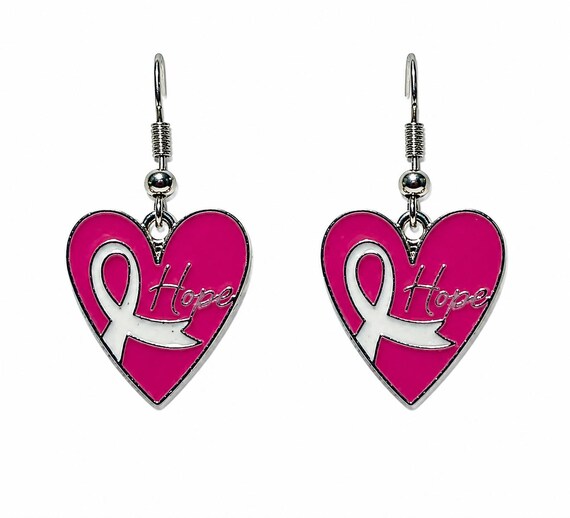 Breast Cancer Dangle Earrings Heart With Ribbon “Hope”
