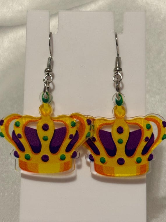 Mardi Gras Crown Dangle Earrings.