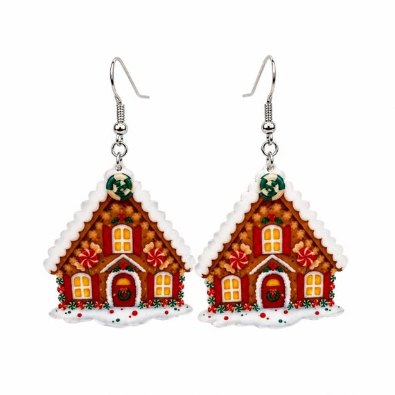 Wooden Christmas Gingerbread House Dangle Earrings