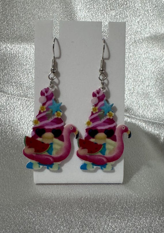 Spring Gnome Flamingo Earrings: Watermelon, Sunglasses, Hypoallergenic Dangle Jewelry
