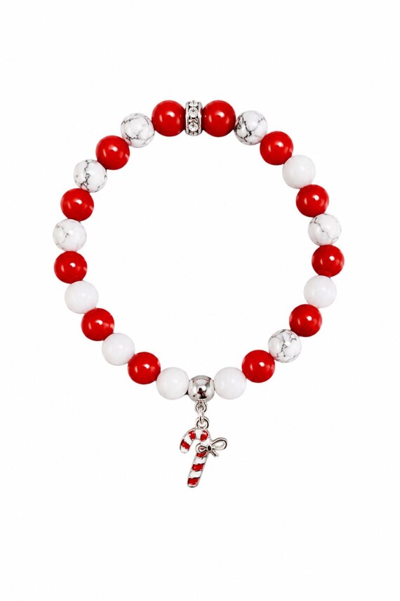 Candycane Christmas Charm Stretch Bracelet