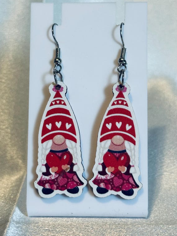 Gnome Holding Heart Wooden Dangle Earrings