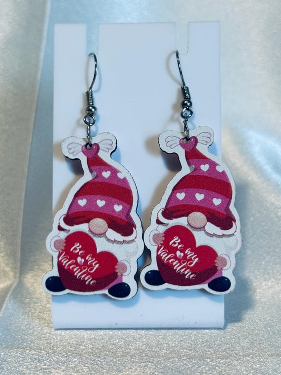 Gnome Be My Valentine Wooden Dangle Earrings