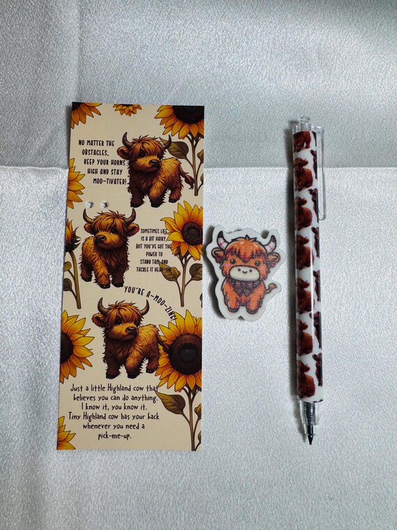 Highland Cow Mechanical Penci, Character Eraser and Positivity Bookmark