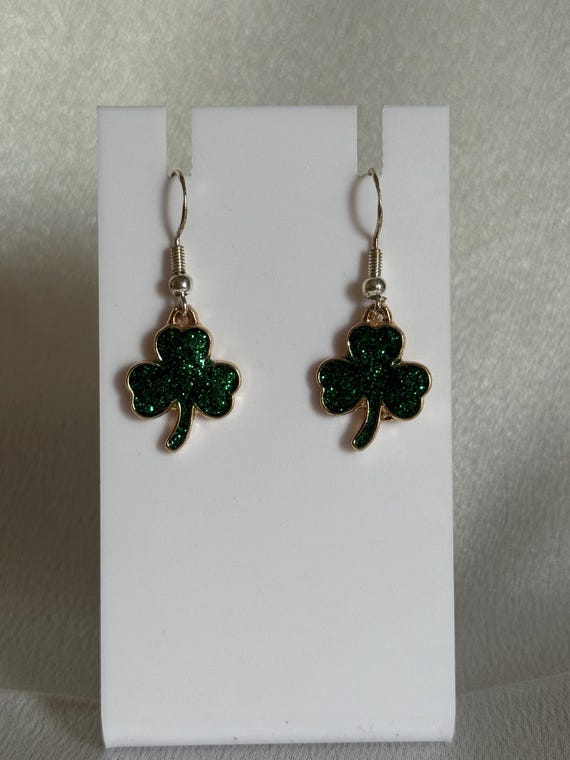 Green Glitter Clover Dangle Earrings.