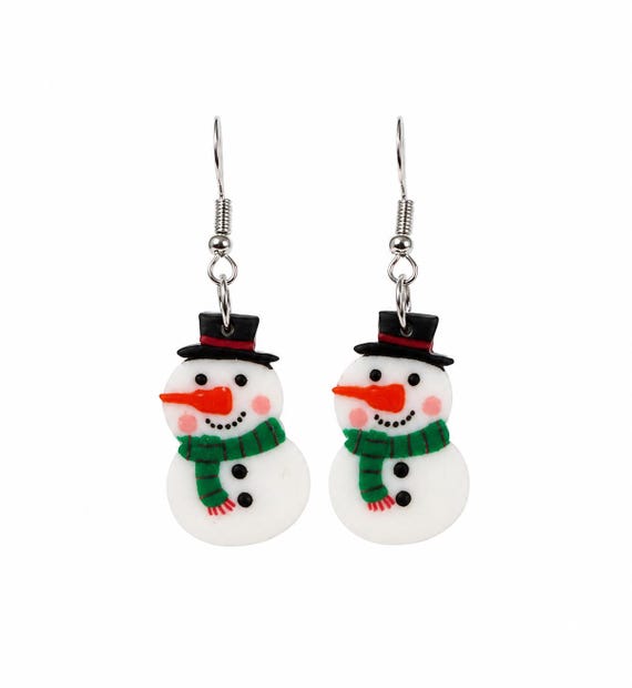 Wooden Christmas Snowman Dangle Earrings