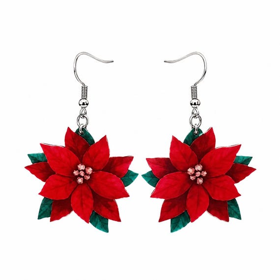 Wooden Christmas Poinsettia Dangle Earrings