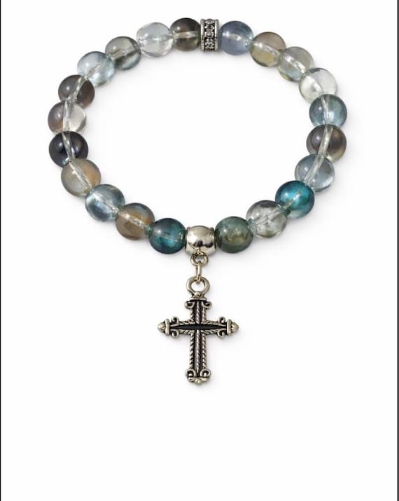 Colorful Beaded Inspirational Cross Charm Stretch Bracelet