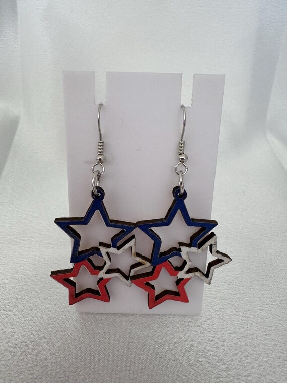 Wooden Red, White and Blue Stars Dangle Earrings