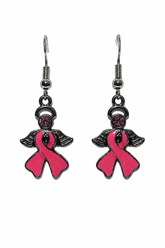 Breast Cancer Dangle Angel Earrings
