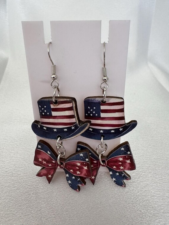 Wooden USA Hat and Bow Dangle Earrings