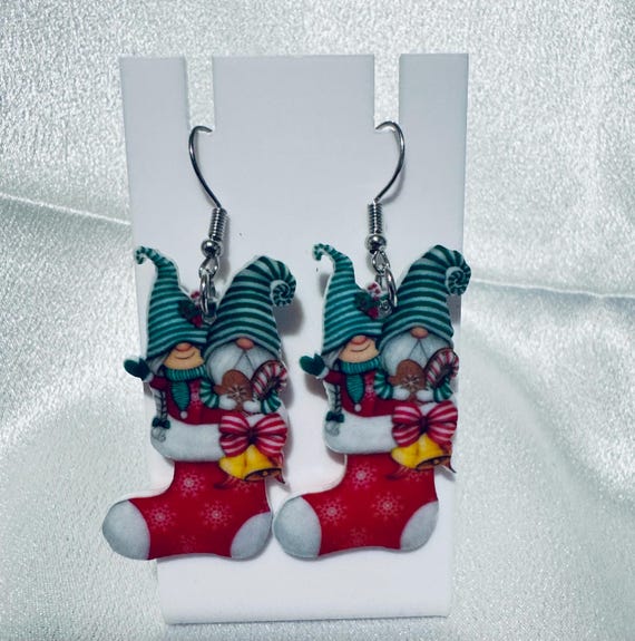 Wooden Christmas Gnomes In Stocking Dangle Earrings