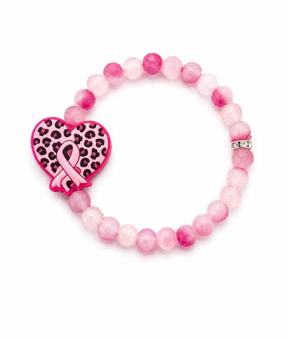Breast Cancer Beaded Stretch Bracelet With Silicone Focal Bead