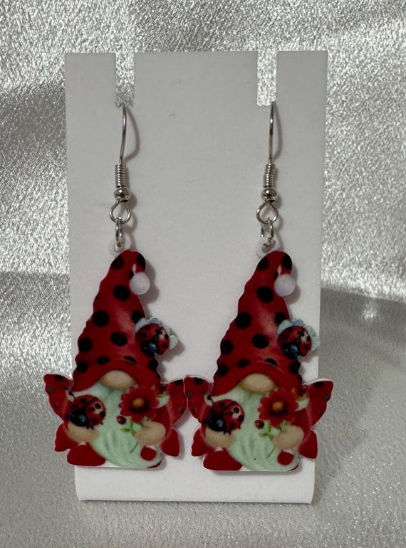 Spring Gnome Ladybug Dangle Earrings – Hypoallergenic Lightweight Jewelry