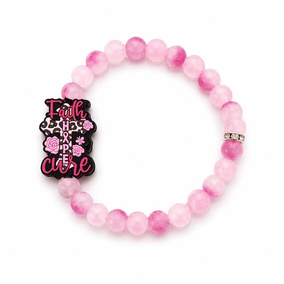 Breast Cancer Beaded Stretch Bracelet With Silicone Focal Bead