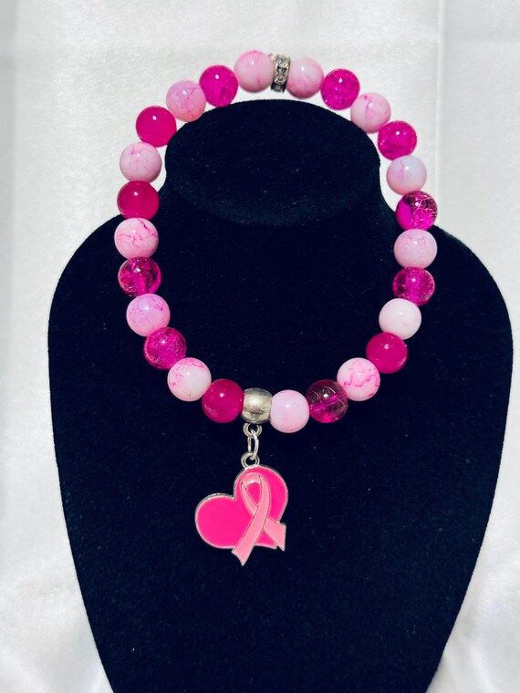 Heart and Ribbon Breast Cancer Stretch Charm Bracelet