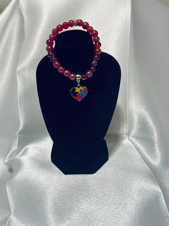 Autism Heart Ribbon Charm Stretch Bracelet
