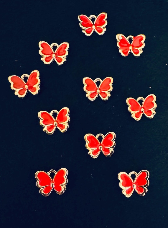 10 Piece Gold Plated Red Butterfly Charms