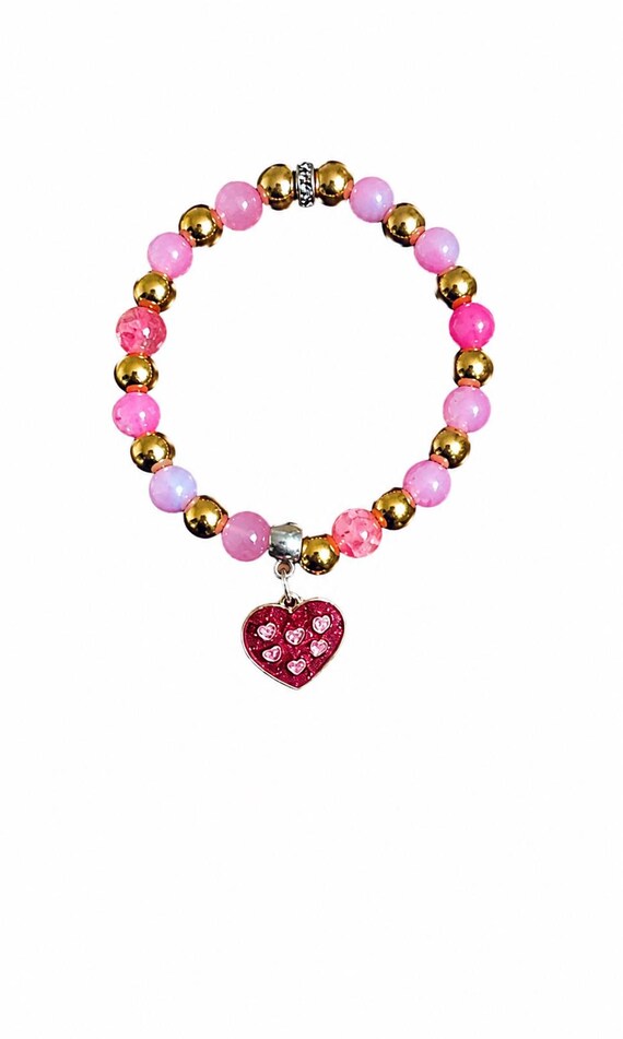 Red and Pink Heart  Valentine Charm Stretch Bracelet