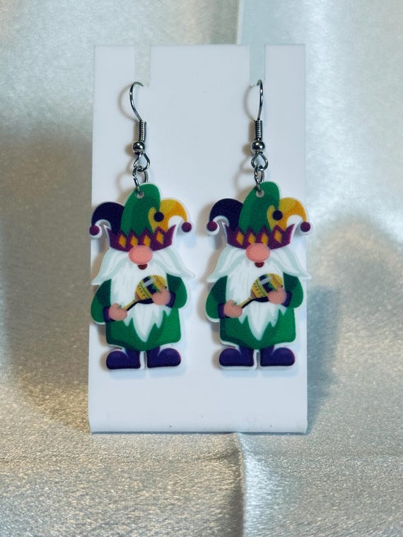 Acrylic Mardi Gras Gnome Dangle Earrings