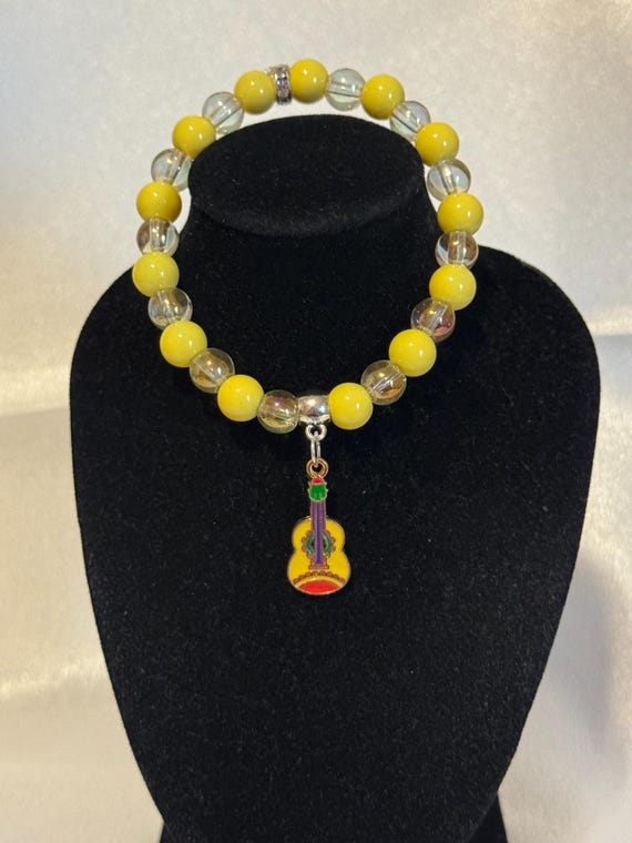 Mardi Gras Guitar Charm Stretch Bracelet