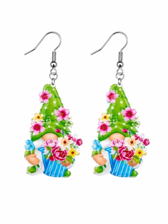 Spring Gnome Acrylic Floral Dangle Earrings, Hypoallergenic Lightweight Jewelry
