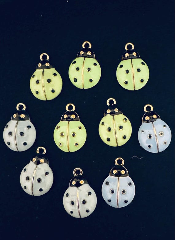 10 Piece Gold Plated Green and Blue Ladybug Charms