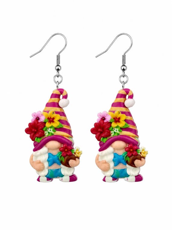 Spring Gnome Acrylic Dangle Earrings: Playful Floral Design, Hypoallergenic Hooks