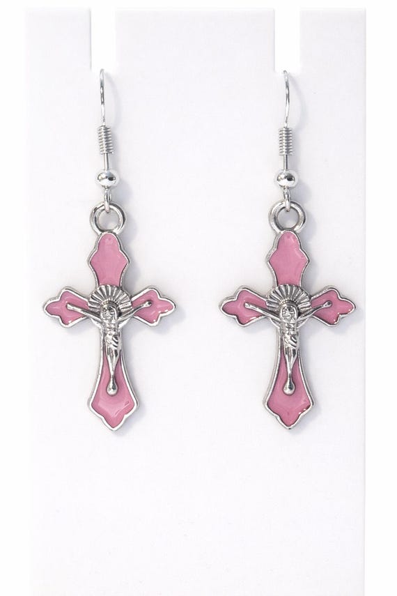 Pink Cross Dangle Earrings